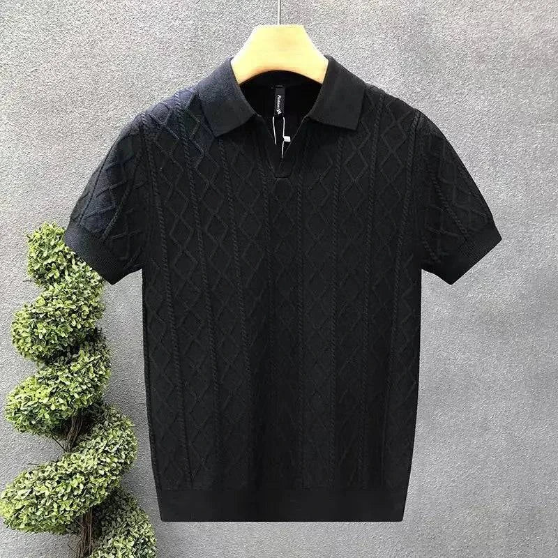 Stylish gray men's diamond knit polo shirt, a versatile casual summer top with a comfortable, tailored fit.