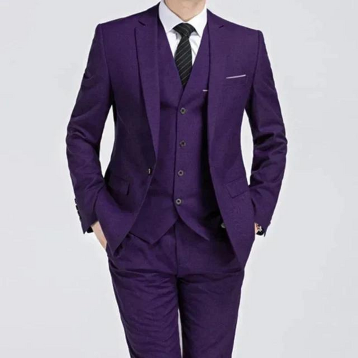 Men's tailored fit three-piece formal suit in classic navy, perfect for weddings & special events.