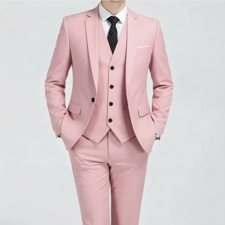 Elegant men's tailored single-button suit, ideal business attire or sophisticated wedding guest outfit.