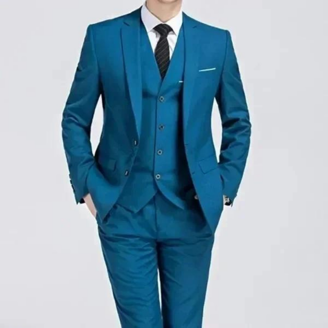 Sophisticated men's event wear: a classic tailored suit with vest for a polished formal appearance.