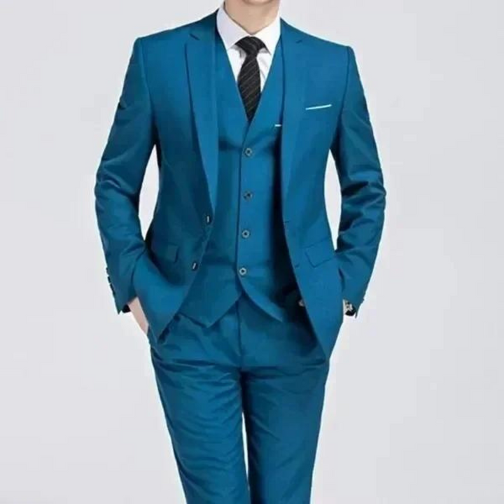 Sophisticated men's event wear: a classic tailored suit with vest for a polished formal appearance.