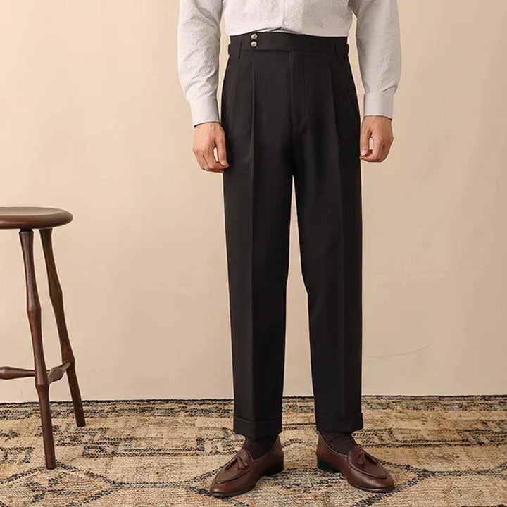 Smart casual men's high-waisted trousers with tailored, tapered leg and stylish side buckle detail.