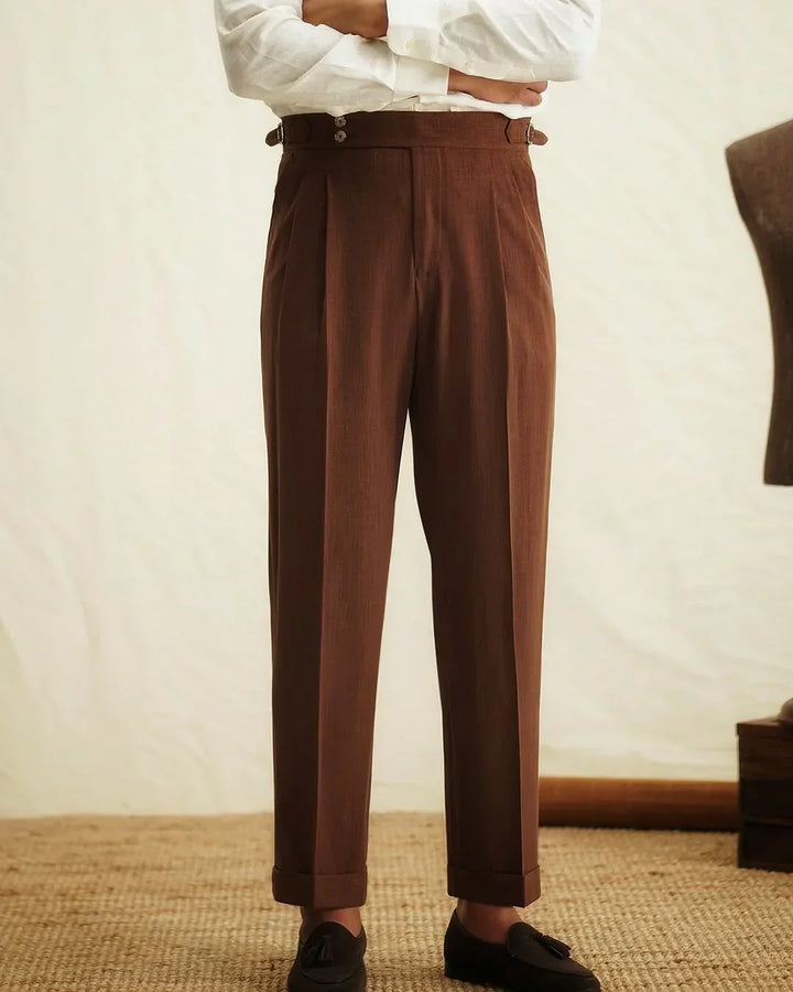Premium men's tailored high-waisted dress pants, featuring a refined side buckle. Essential business wear.