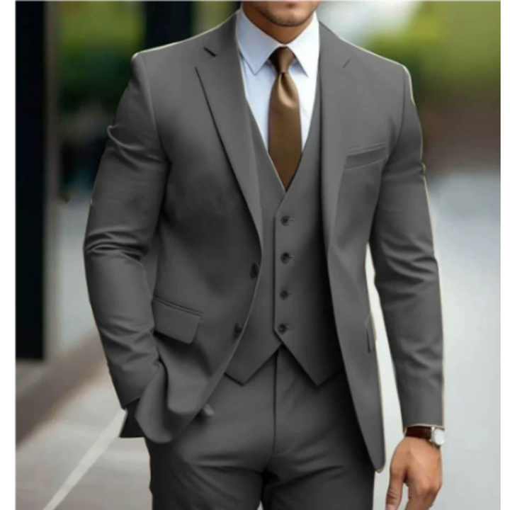Classic men's three-piece tailored suit, versatile for business, weddings & formal events.