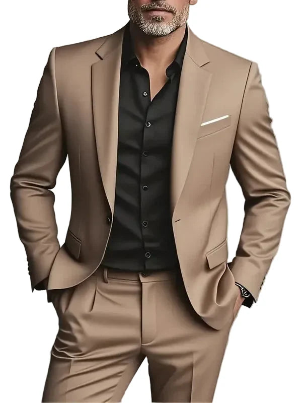 Professional men's tailored slim fit suit, a two-piece formal outfit perfect for business meetings or wedding attire.