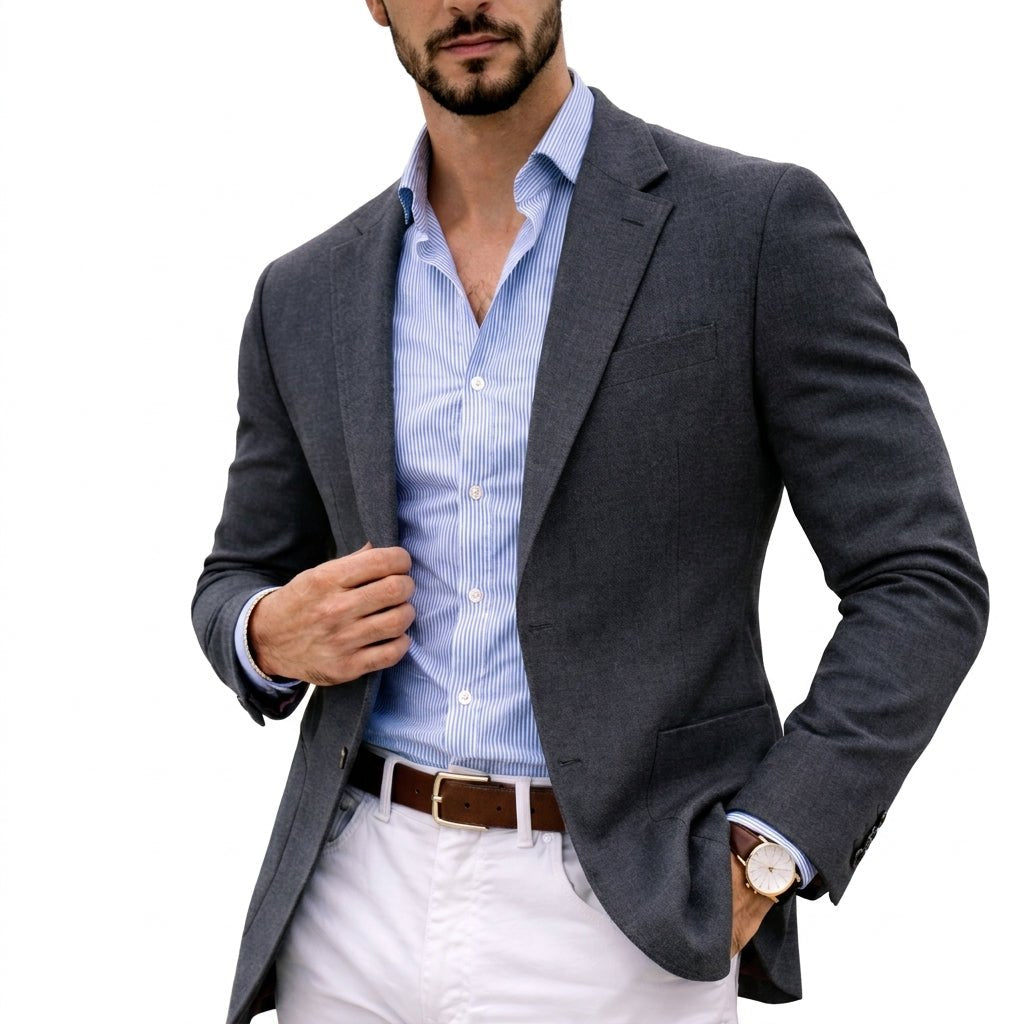 Elegant men's tailored blazer. Sharp style for business attire or sophisticated everyday fashion.