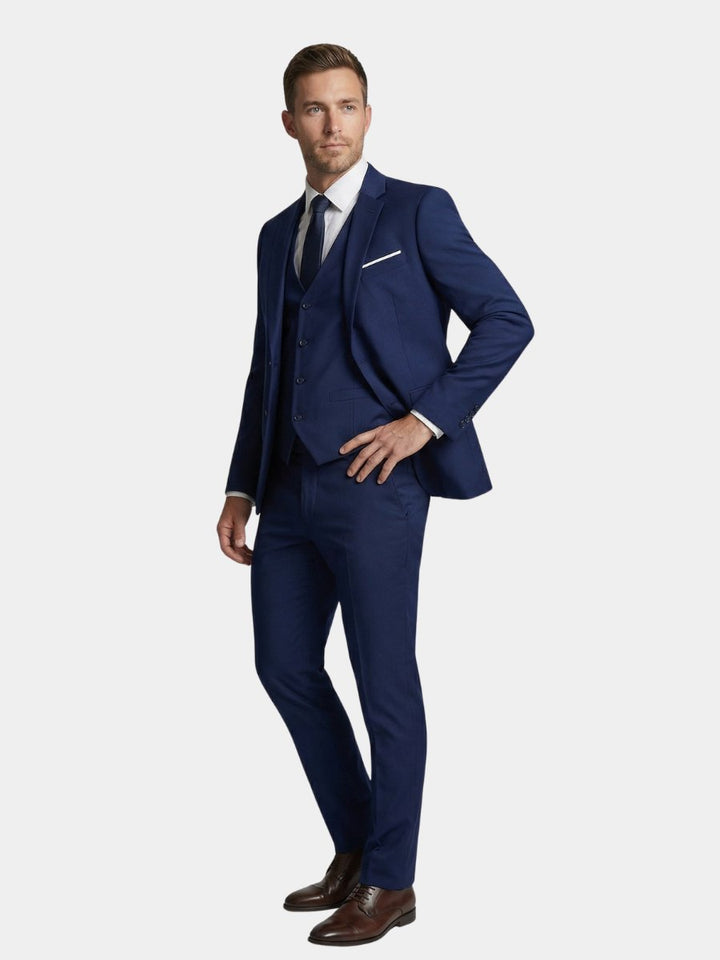 Men's tailored three-piece formal suit in classic style. Perfect for business, weddings, and special occasions.