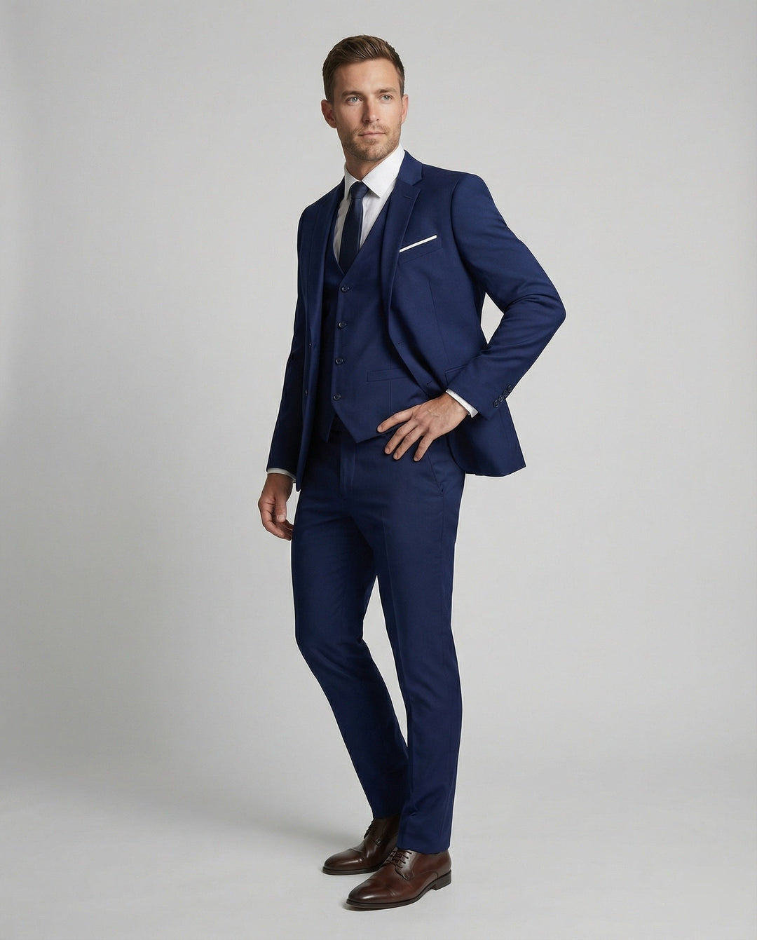 Elegant men's three-piece suit with a matching vest, ideal for formal events, proms, or office attire.