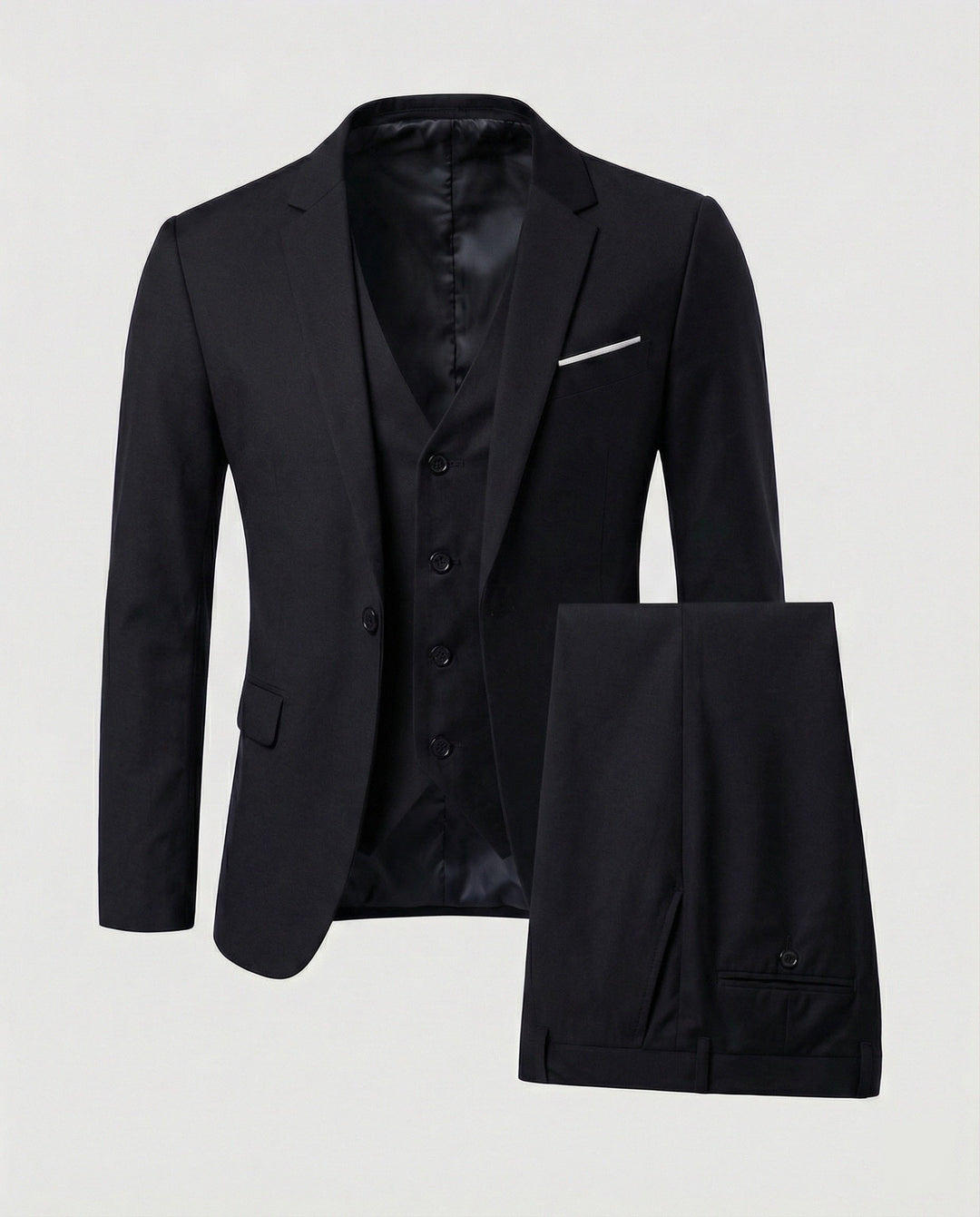 Complete men's formal suit outfit: tailored jacket, trousers, and vest. Ideal for any special occasion.