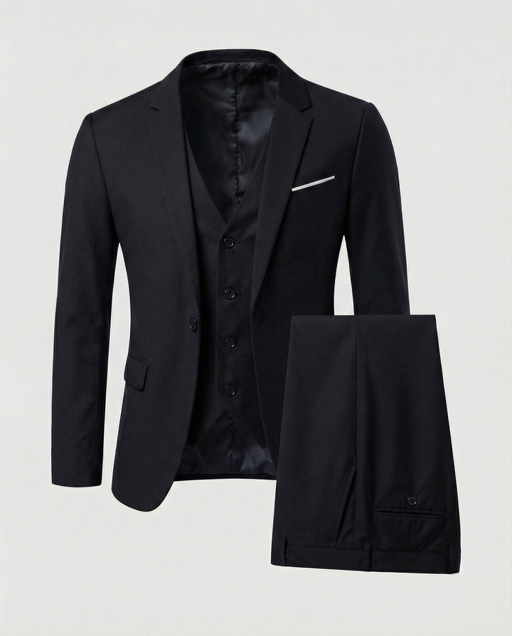 Complete men's formal suit outfit: tailored jacket, trousers, and vest. Ideal for any special occasion.