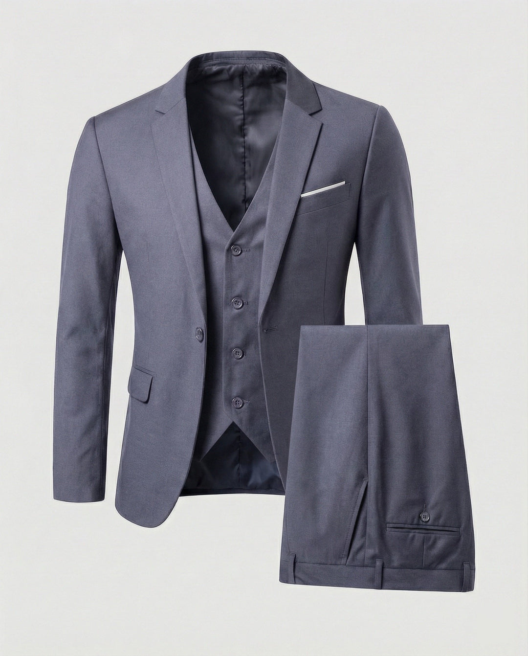 Sophisticated navy men's tailored three-piece suit. Perfect formal wear for business, weddings, or prom.