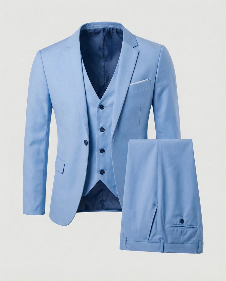 Modern men's tailored three-piece suit, a stylish formal outfit suitable for parties, business, and elegant events.