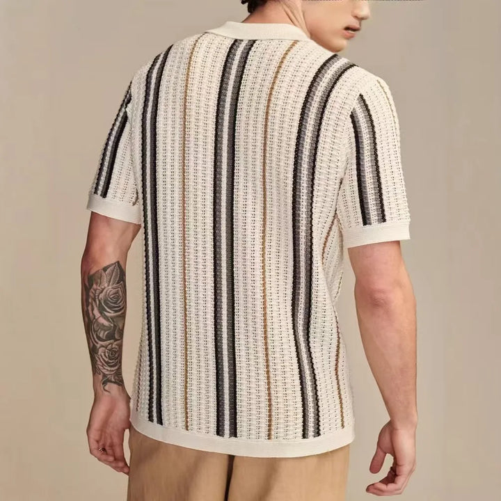Close-up of a lightweight men's knit button-up shirt with prominent textured fabric and short sleeves