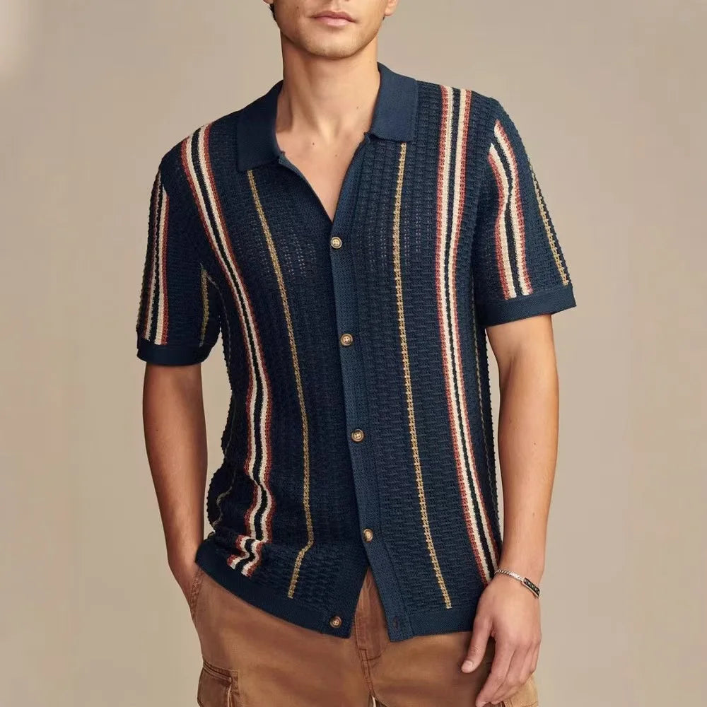 Man modeling a comfortable, lightweight men's textured knit button-up shirt for summer, short sleeve