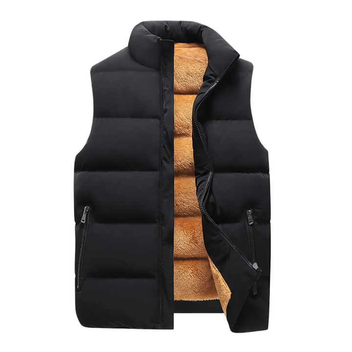 Men's thermal body warmer vest with stand-up collar & zipper pockets for cold weather layering.