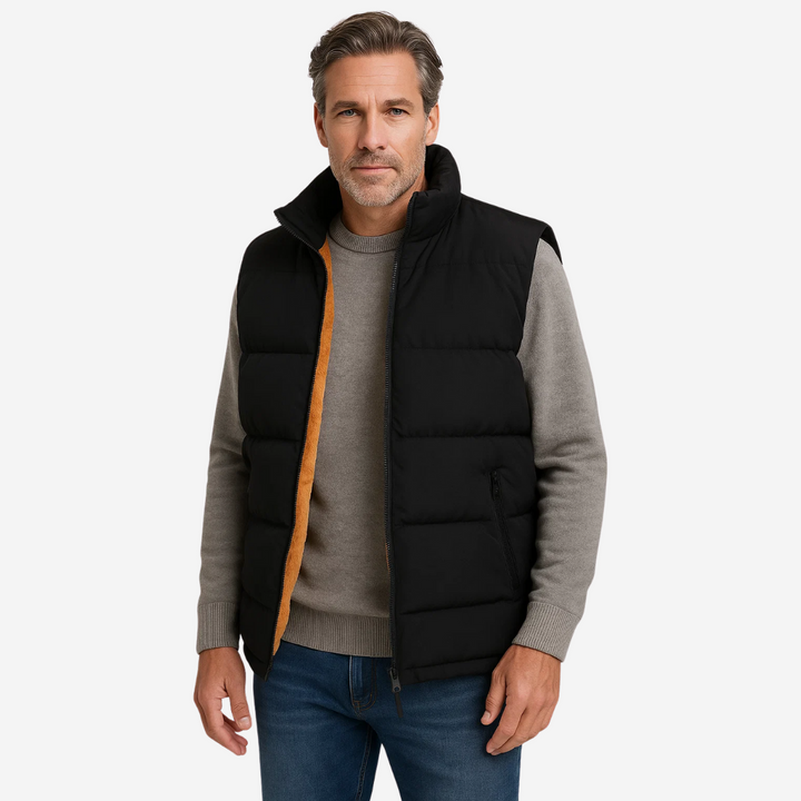 Winter-ready men's thermal vest, sleeveless body warmer with stand-up collar for outdoor activities.