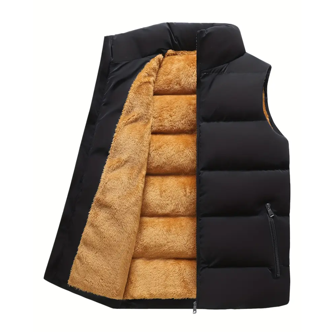 Warm men's thermal gilet, stand-up collar vest. Ideal for layering in cold weather fashion.