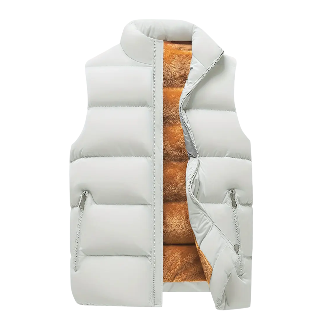 Versatile men's thermal sleeveless jacket with stand-up collar. Perfect outdoor vest for cold weather.
