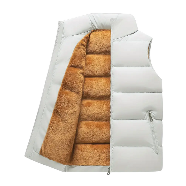 Men's thermal vest, stand-up collar, zipper pockets. A practical body warmer gilet for winter layering.