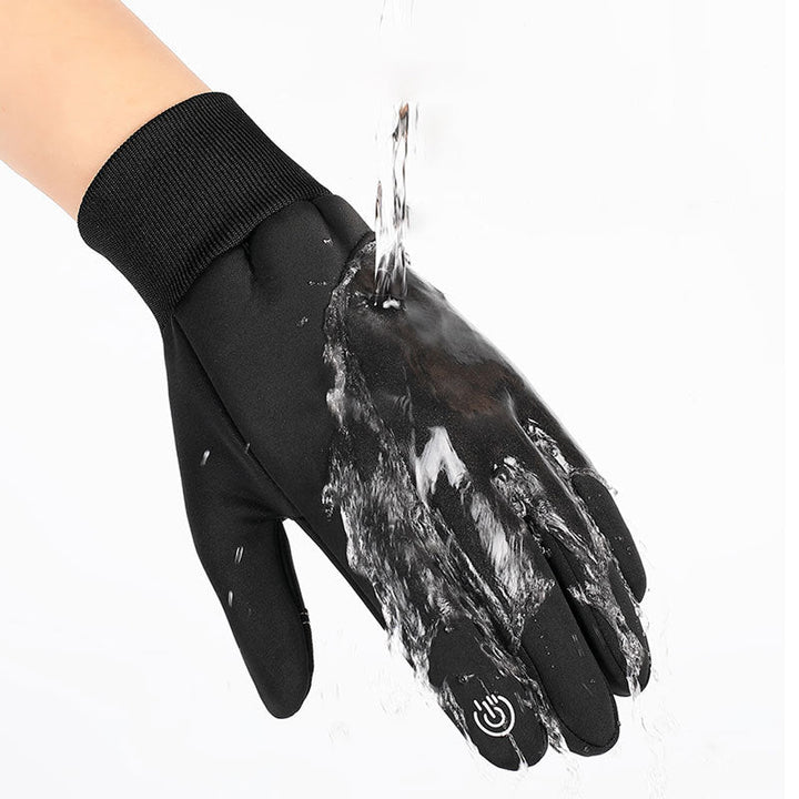 Close-up of men's waterproof winter gloves, showing touchscreen-compatible fingertips on index and thumb
