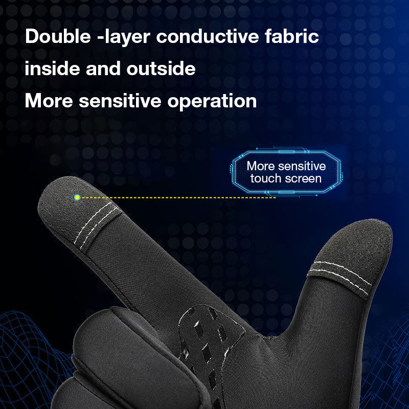 Pair of black men's thermal gloves, fleece-lined for warmth, ideal for outdoor winter sports and phone use