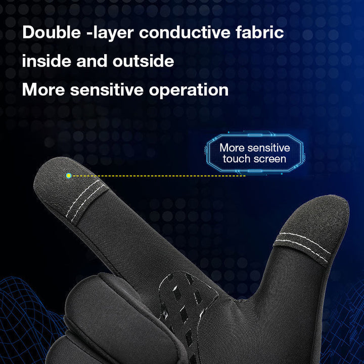 Pair of black men's thermal gloves, fleece-lined for warmth, ideal for outdoor winter sports and phone use