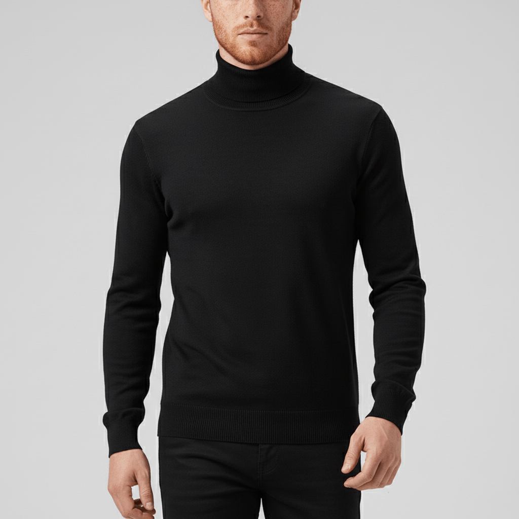 Men's Toby slim-fit turtleneck sweater in black, ideal for stylish layering and cool weather.