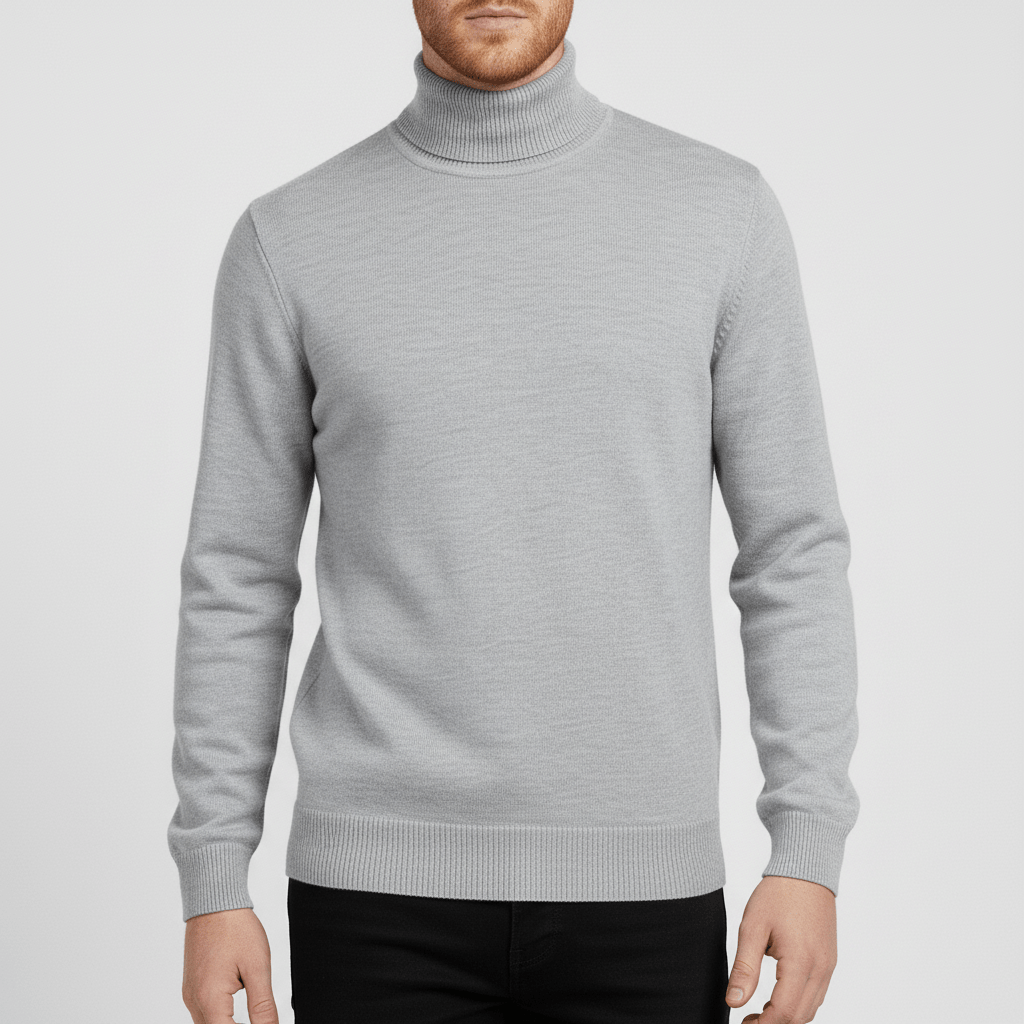 Men's stylish slim-fit turtleneck sweater, showcasing its snug collar and tailored look.