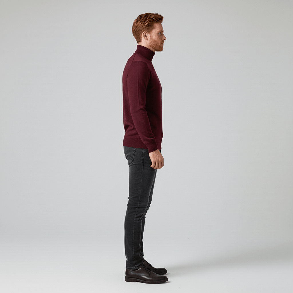 Model wearing a men's slim-fit turtleneck sweater (Toby) as a smart office wear option.
