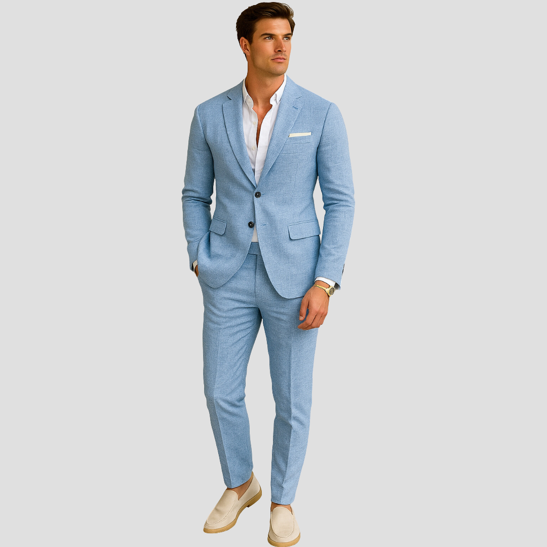 Stylish men's two-piece suit set featuring a blazer and trousers, ideal for business casual and party outfits.
