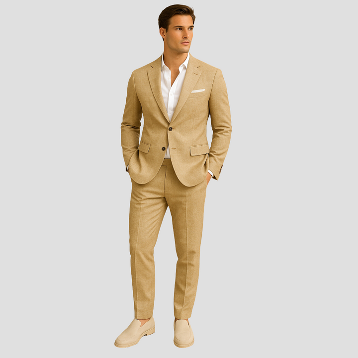 Elegant men's spring/summer suit set with a two-button closure, suitable for warm weather formal wear.