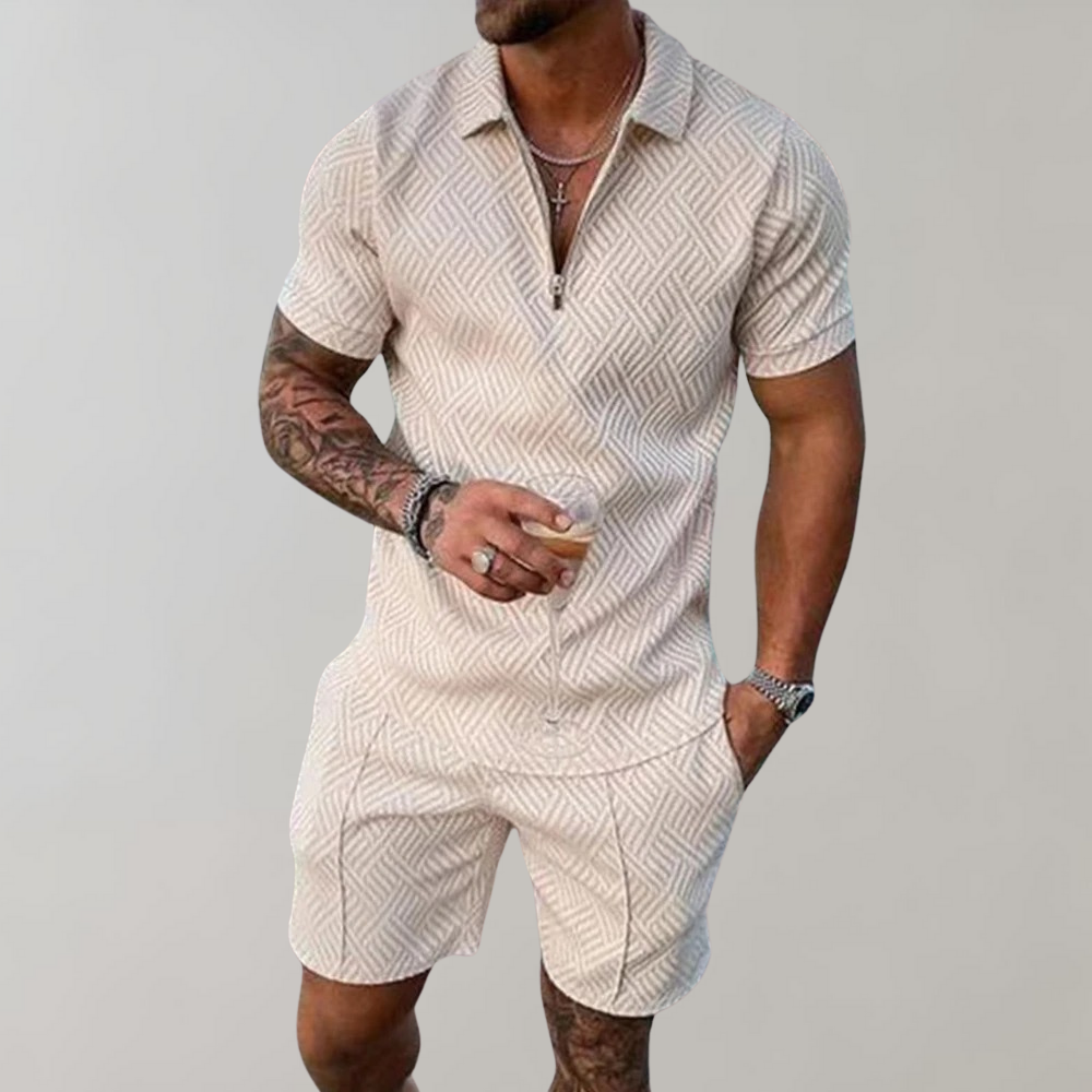 Men's warm weather set: comfortable polo shirt and shorts combo, designed for vacation and everyday casual wear.