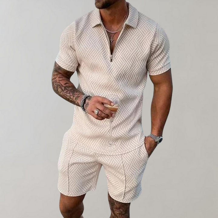 Men's warm weather set: comfortable polo shirt and shorts combo, designed for vacation and everyday casual wear.