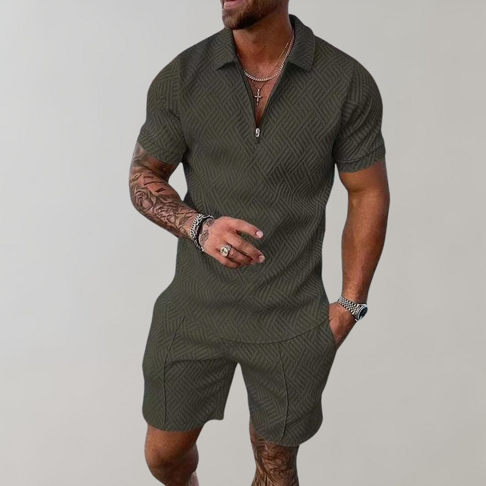 Versatile men's summer set: a modern polo shirt and shorts for active wear, men's fashion, or beach vacation.