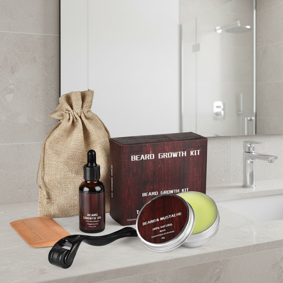 Men's Ultimate Beard Growth Kit with oil, balm, dermaroller & comb for a strong, full beard.