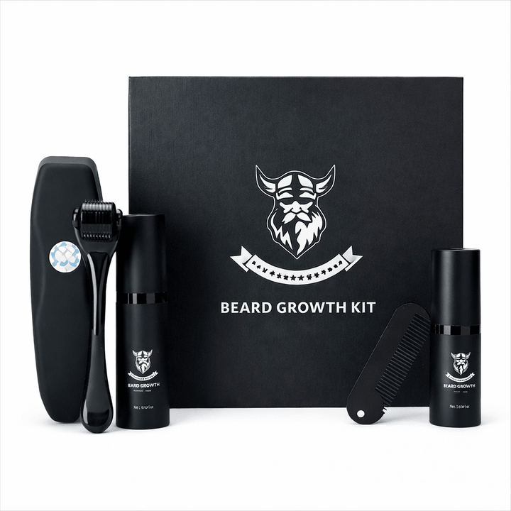 Men's Ultimate Beard Growth Kit: oil, balm, comb, dermaroller, shampoo for complete healthy beard care.