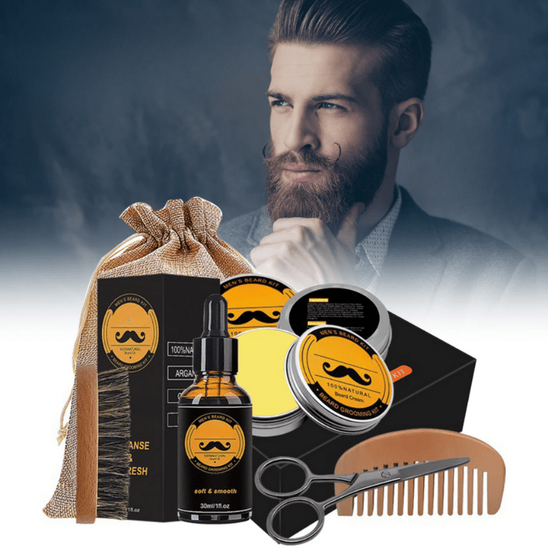 Full men's beard care kit with growth oil, balm, wooden comb & dermaroller for stimulating growth.