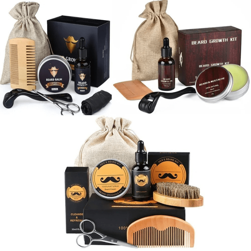 Men's premium beard grooming kit with growth serum, balm, and comb for a well-maintained, thick beard.