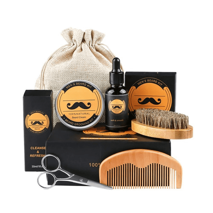 Complete men's beard growth and care kit for daily grooming, achieving a thick, healthy beard.