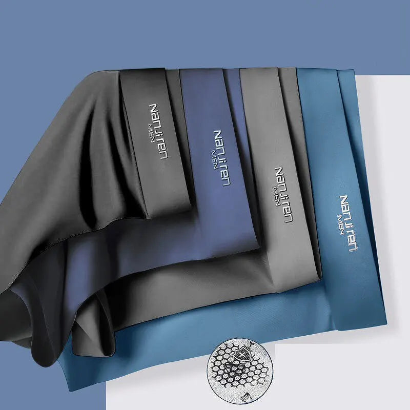 Mens 4-pack cooling boxer shorts. Soft, fresh ice silk underwear, perfect for all-day seamless comfort.