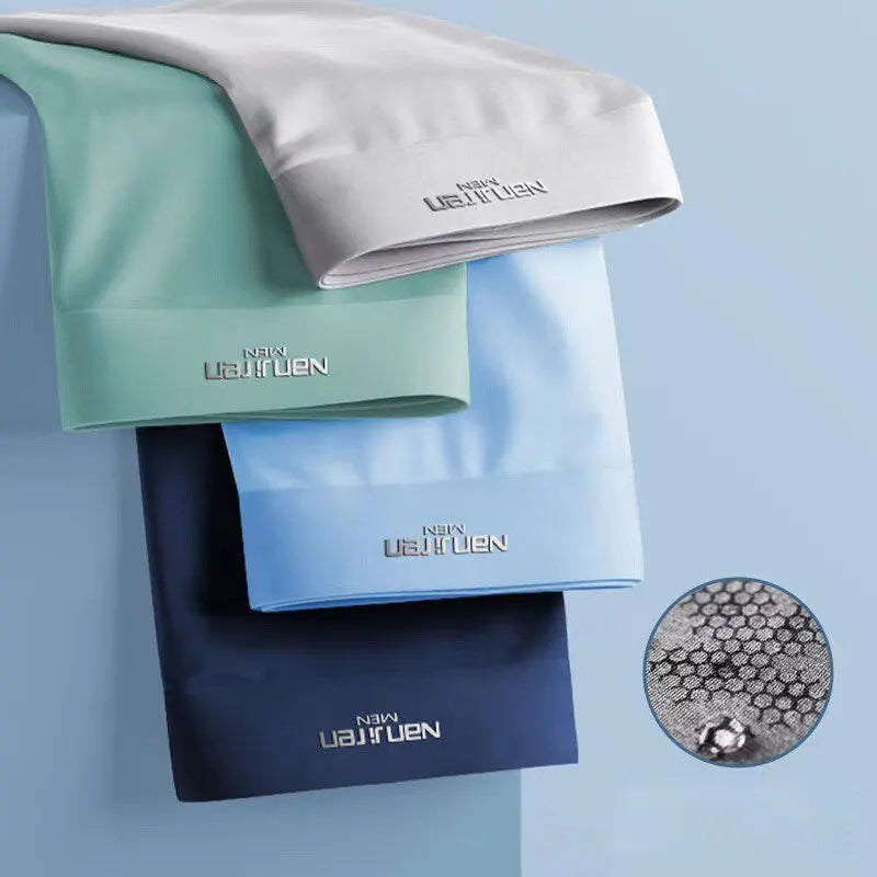 Seamless men's ice silk boxer briefs. 4-pack of ultra-cooling, moisture-wicking underwear for freshness.