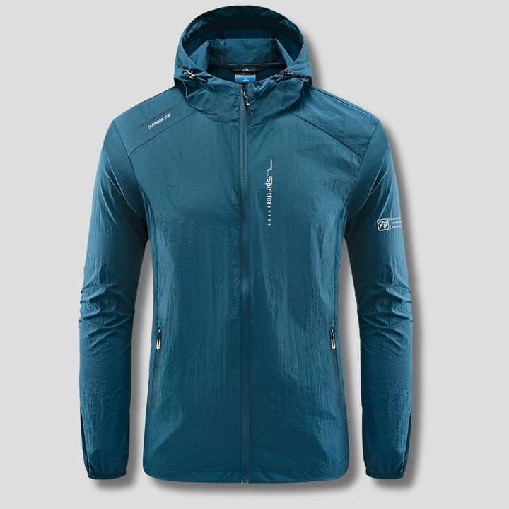Men's ultralight hooded jacket for sun & wind protection, ideal lightweight activewear for summer travel.