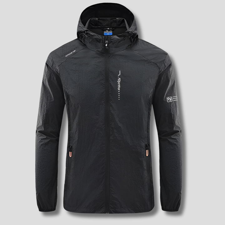 Breathable men's summer jacket; ultralight & hooded, provides sun & wind protection for active outdoor wear.