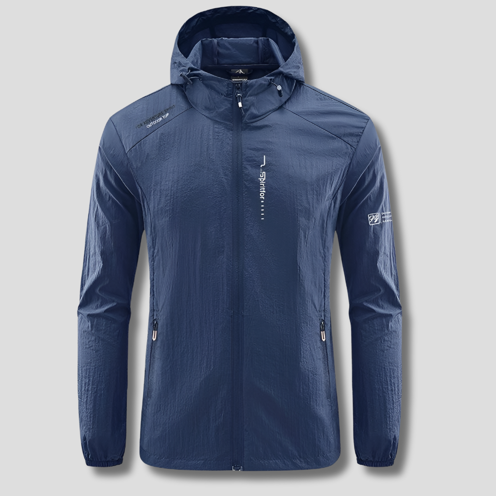 Front view of an ultralight men's hooded jacket, designed for sun & wind protection as summer activewear.