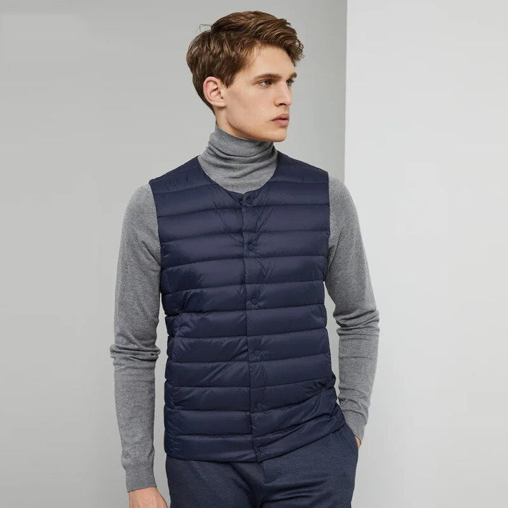 Men's fall fashion ultralight vest, offering comfortable warmth without bulk for cool weather. Padded gilet.