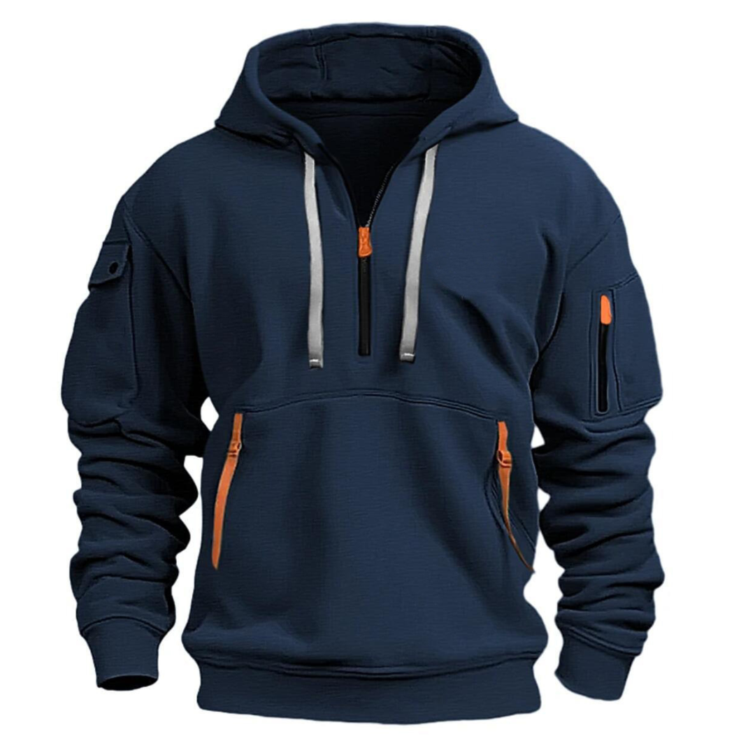 Men's utility pocket long sleeve hoodie in heather gray with front zipper and spacious pockets
