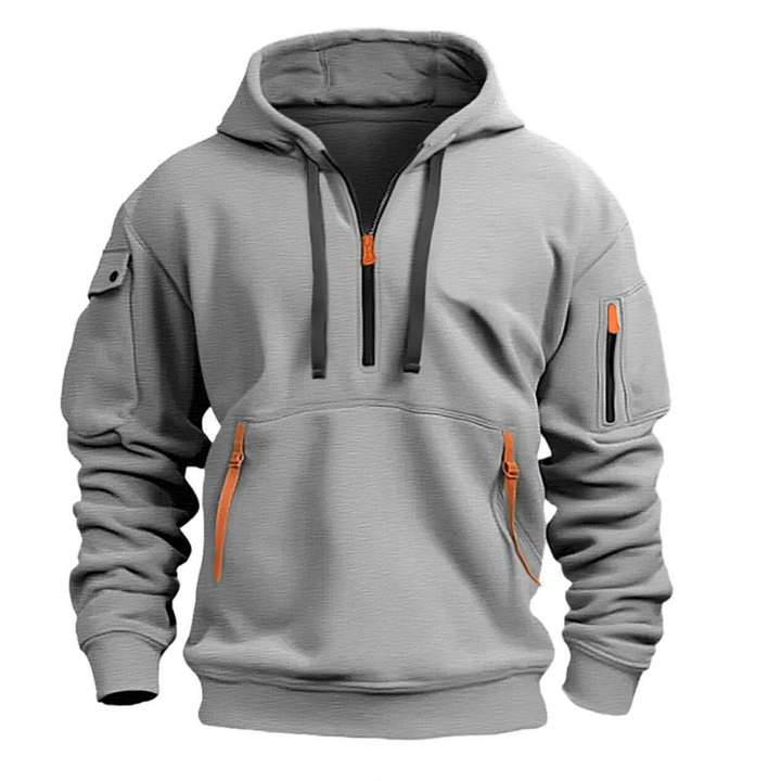 Close-up of men's casual wear long sleeve hoodie, showcasing utility pockets and drawstring hood