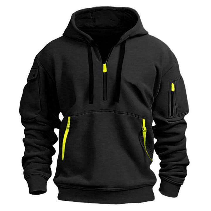 Athletic top: men's black utility pocket long sleeve hoodie, perfect for casual fashion