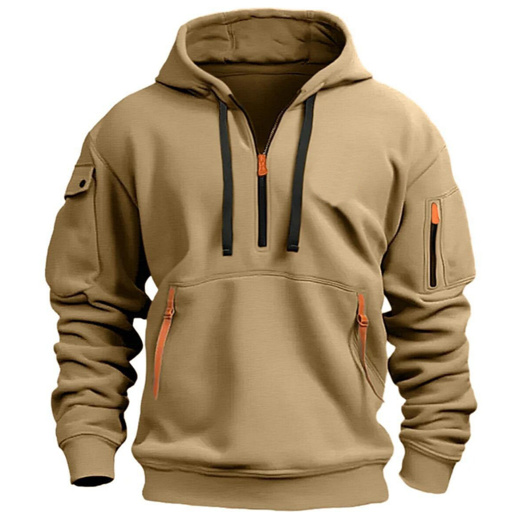 Stylish men's long sleeve hoodie in navy blue, featuring practical utility pockets and a comfortable fit
