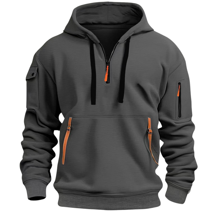 Front view of men's long sleeve zipper hoodie with multiple utility pockets, ideal for everyday wear